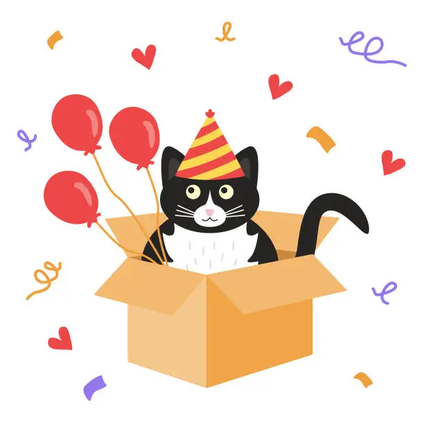 Vector illustration of Cute black and white cat sitting in a cardboard box in a multi-colored cap with red balloons.