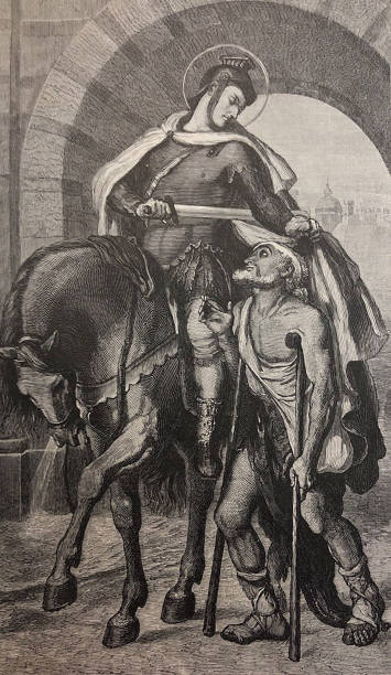 Antique illustration - Saint Martin on his horse dividing his cloak with a beggar man vector art illustration