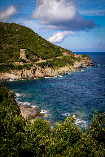 The Tower of l'Osse (Tower of Losso), a Genoese tower located in Haute-Corse) on the east coast of Cap Corse, Corsica, France