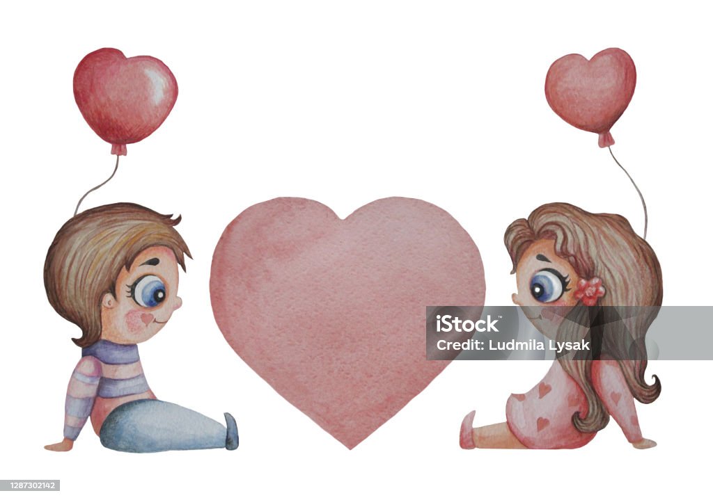 Romantic Love Concept A Cute Couple In Love A Girl And A Boy Are Sitting With Red Balloons On The Background Of A Large Pink Heart Watercolor Hand Drawing On A White Romantic Love Concept A Cute Couple In Love A Girl And A Boy Are Sitting With Red Balloons On The Background Of A Large Pink Heart Watercolor Hand Drawing On A White