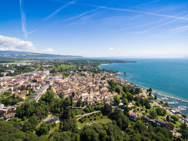 aerial view of nyon old city and waterfront in switzerland - geneva canton imagens e fotografias de stock