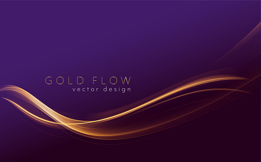 Abstract shiny color gold wave design element on dark purple background. Fashion motion flow design for voucher, website and advertising design. Golden silk ribbon for cosmetic gift voucher