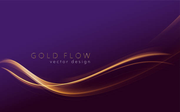 Abstract shiny color gold wave design element Abstract shiny color gold wave design element on dark purple background. Fashion motion flow design for voucher, website and advertising design. Golden silk ribbon for cosmetic gift voucher purple stock illustrations