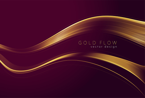 Abstract shiny color gold wave design element on dark burgundy background. Fashion motion flow design for voucher, website and advertising design. Golden silk ribbon for cosmetic gift voucher