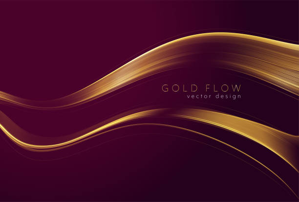 Abstract shiny color gold wave design element Abstract shiny color gold wave design element on dark burgundy background. Fashion motion flow design for voucher, website and advertising design. Golden silk ribbon for cosmetic gift voucher maroon stock illustrations