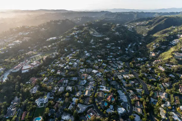 Aerial view of Holmby Hills and Benedict Canyon areas in Beverly Hills and Los Angeles, California.