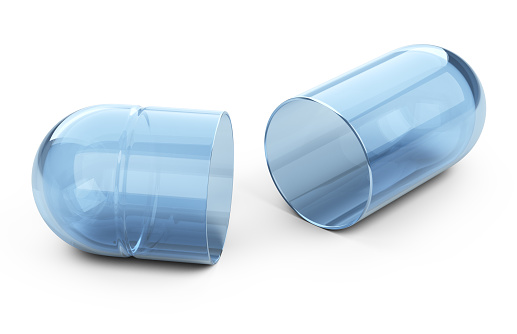 Open empty clear medication capsule. 3d illustration isolated on white background.