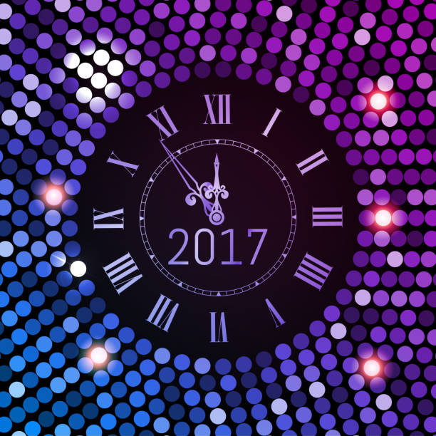 illustrazioni stock, clip art, cartoni animati e icone di tendenza di sfondo celebrazione capodanno 2017. sfondo disco cerchio viola con numero di orologio 2017. splendente sfumato club neon felice anno nuovo saluto striscione per le vacanze. illustrazione di vectpr - watch gold blurred motion time