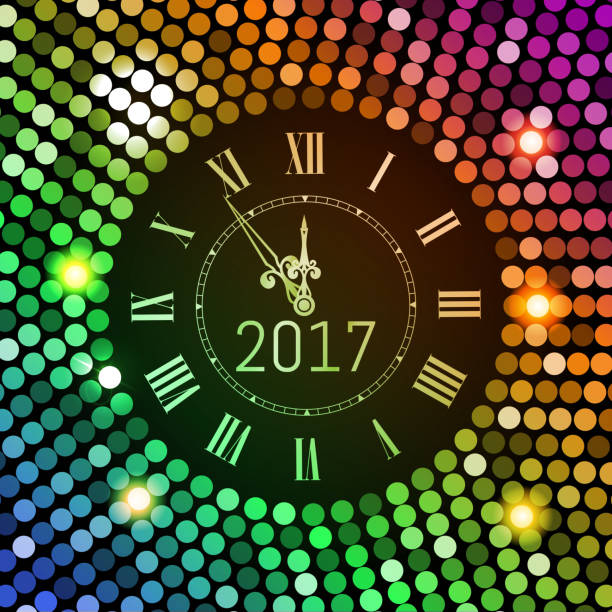 illustrazioni stock, clip art, cartoni animati e icone di tendenza di sfondo celebrazione capodanno 2017. sfondo disco cerchio colorato con numero di orologio 2017. splendente sfumato club neon felice anno nuovo saluto striscione per le vacanze. illustrazione di vectpr - watch gold blurred motion time