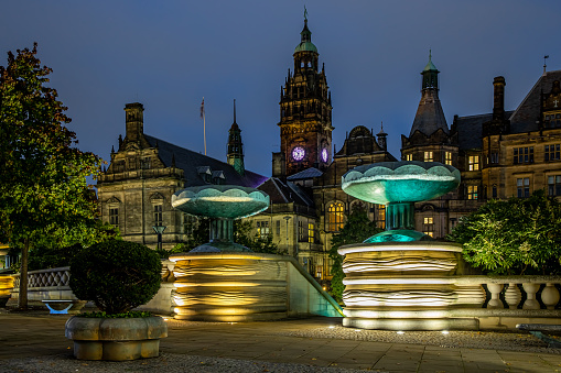 Bradford City Hall is a 19th-century town hall in Centenary Square, Bradford, West Yorkshire, England. It is known for its landmark clock tower and is a Grade I listed building.  It has bunting outside across the market square for Queen Elizabeth II platinum Jubilee.