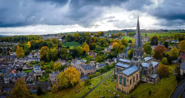 View of All Saints Church in Bakewell, a small market town and civil parish in the Derbyshire Dales district of Derbyshire,  lying on the River Wye, England, UK