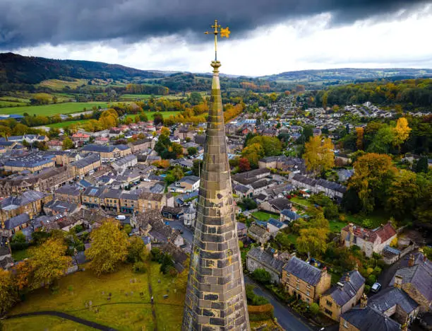 View of All Saints Church in Bakewell, a small market town and civil parish in the Derbyshire Dales district of Derbyshire,  lying on the River Wye, England, UK