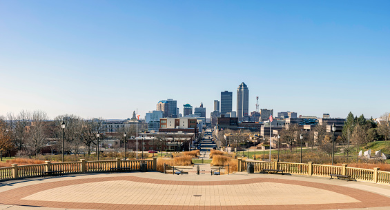 Panorama of Downtown Des Moines from the steps of the Iowa State Capitol building at daytime.