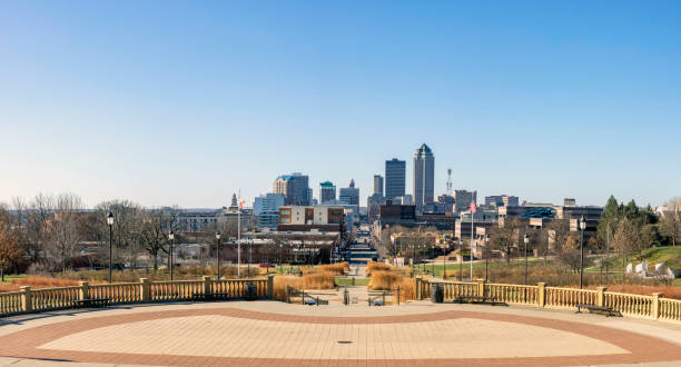 Panorama of Downtown Des Moines from the State Capitol stock photo