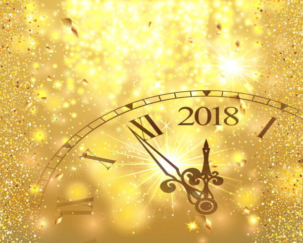 istock 2018 New Year Gold shining background with clock. Blured colored flare banner with watch and fireworks. Vector illustration 1287308842