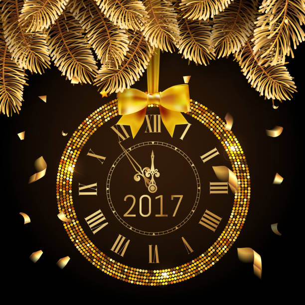 illustrazioni stock, clip art, cartoni animati e icone di tendenza di disco glitter d'oro vector 2017 sfondo felice di capodanno con orologio d'oro e bordo dell'albero di natale e coriandoli. biglietto d'auguri dorato con orologio e scatola in oro glitter 2017. biglietto d'auguri di lusso. vettore - watch gold blurred motion time