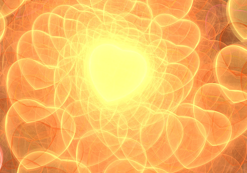 Beautiful abstract fractal background of flying infinite golden hearts