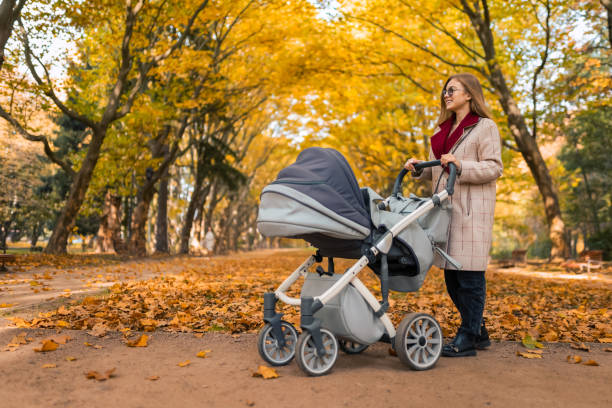 istock Stylishly dressed mom with stroller in autumn park 1287310198