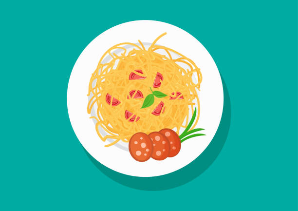 illustrazioni stock, clip art, cartoni animati e icone di tendenza di piatto vettoriale di spaghetti con pomodori e salsiccia, primi piatti. - ragù