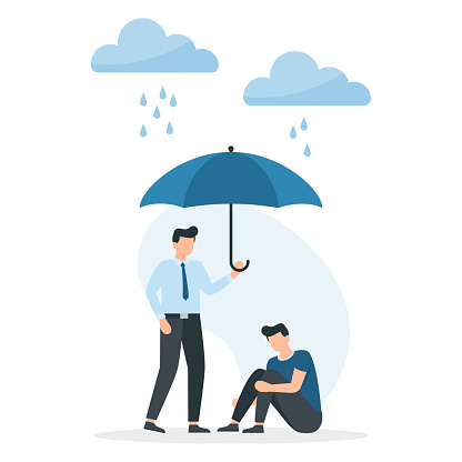 Concept of support and care for people under stress, a young man holds out an umbrella from the rain to another in a state of depression. Support and help. Vector illustration