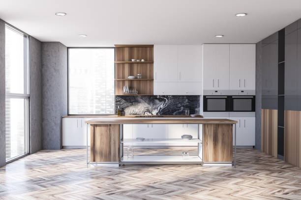 istock White and gray kitchen interior with cabinets and island 1287312831