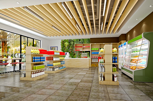 3d render. Modern supermarket interior.