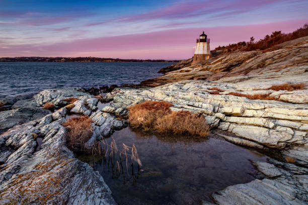 Sunset at Castle Hill Lighthous. Newport, Rhode Island, USA. stock photo