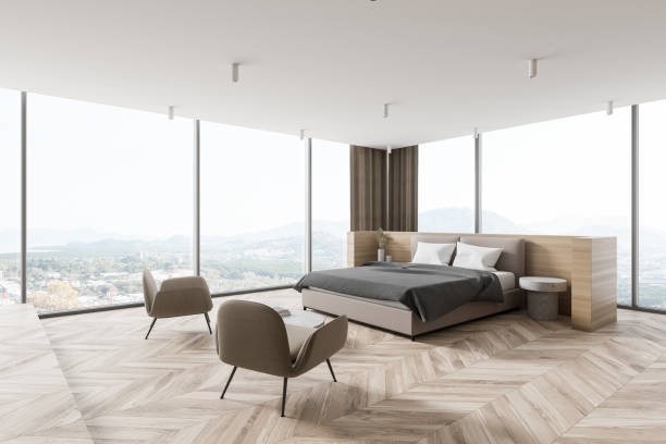 istock Panoramic wooden master bedroom corner with armchairs 1287313765