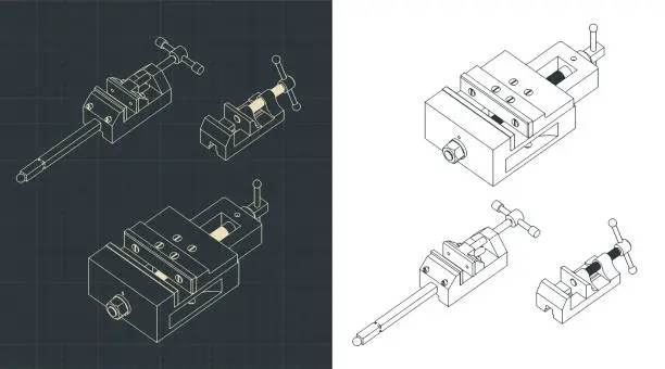 Vector illustration of Bench vice isometric drawings mini Set