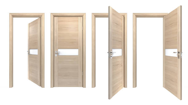 istock Modern set of light pine wooden doors with matt glass stripe, isolated on white. Simple modern style of indoor entrance for minimalistic style interior design 1287316909