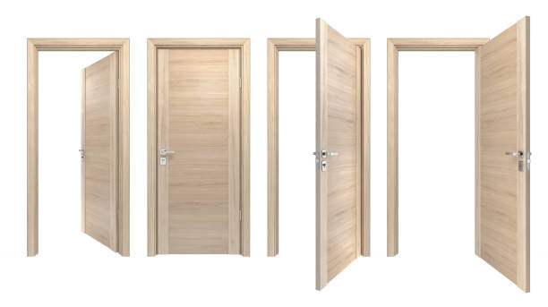 istock Set of classic style solid wood doors closed and open outside, inside of house room. Simple modern light pine wooden doorways for home interior design 1287316913