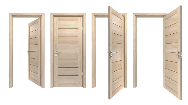istock Set of modern, solid wood, single, 3D realistic entrances. Front view of closed and open intside, outside doors with light pine wooden planks 1287316914