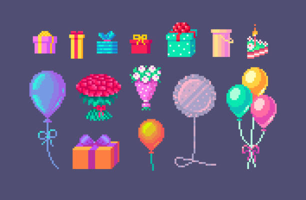 Pixel art set of presents and gifts on holidays events. Pixel art set of presents and gifts on holidays events. Cute bright party icons. Vector illustration. number 16 stock illustrations