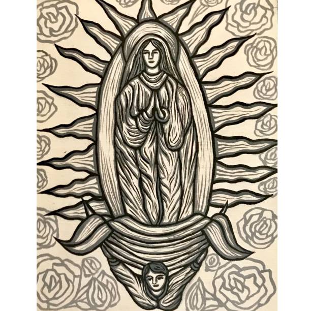 Virgen de Guadalupe Black and White Painting by Antonio Rael Part of my black and white series of paintings in gray tones depicting the Virgen de Guadalupe and Baby Jesus. virgen de guadalupe stock illustrations