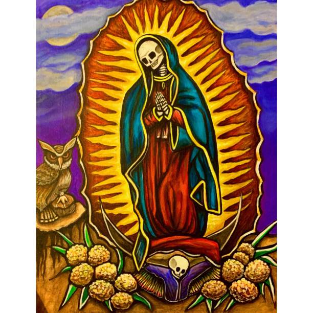 Santa Muerte Virgin Painting by Antonio Rael This colorful original acrylic painting that I created depicts the Virgen de Guadalupe as a skeleton which is an iconic figure in Santa Muerte, a religious cult. It depicts the marigold, the flower of the dead, the owl which is the animal of the dead and the skeleton baby jesus at her feet. mexico illustrations stock illustrations