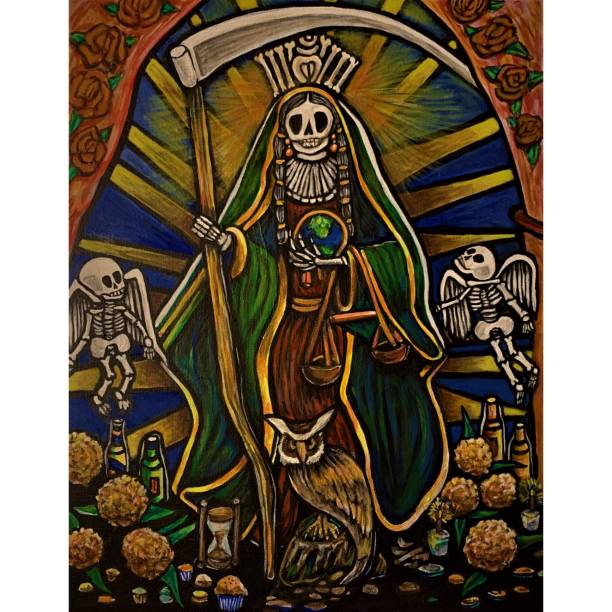 Santa Muerte Icon Painting by Antonio Rael This is the iconic painting of Santa Muerte in my own style. It is an original painting that I created which includes the skeleton figure in a a long gown with a crown and necklace of bones. She holds a scythe (sickle), the weights and balance scale, the world (globe) and beneath her are marigolds (flower of the dead), an owl, skeleton baby angels and offerings to her including cigarette butts, money,  candy, cakes and alcoholic beverages. Around her you also see roses and rays of light. This acrylic painting was created on stretched canvas. muerte stock illustrations