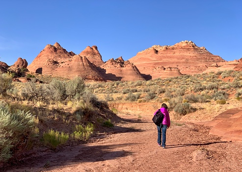 Big Water, Utah, USA - September 8, 2020:Tourists are hiking Wire Pass Trail to Buckskin Gulch canyon, which is the the world’s longest slot canyon.