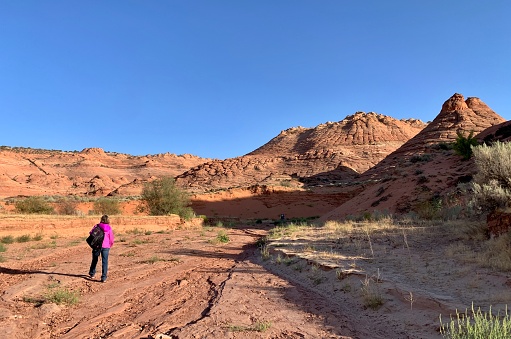 Big Water, Utah, USA - September 8, 2020:Tourists are hiking Wire Pass Trail to Buckskin Gulch canyon, which is the the world’s longest slot canyon.