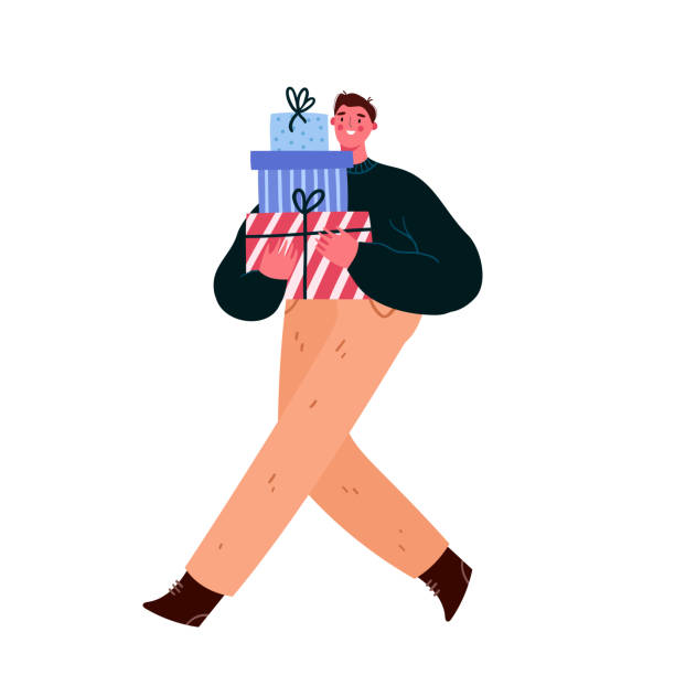 istock Happy man walking and carrying wrapped gift boxes. Man preparing presents for Xmas and New year. Christmas festive season shopping illustration. Cartoon flat vector illustration. 1287319493