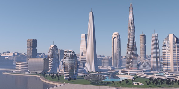 Financial center of a futuristic metropolis recreated with great detail and 3d realism