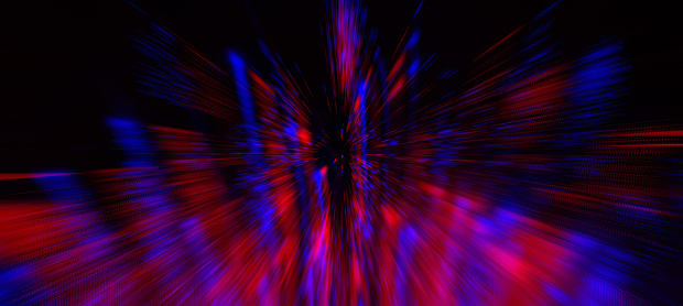 Abstract Exploding Light Warp Speed Space Fireworks Red Blue Beams Pattern Black Background Distorted Image for presentation, flyer, card, poster, brochure, banner
