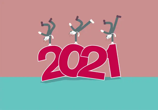 Vector illustration of 2021 New Year element design,Three men are dancing hip-hop on 