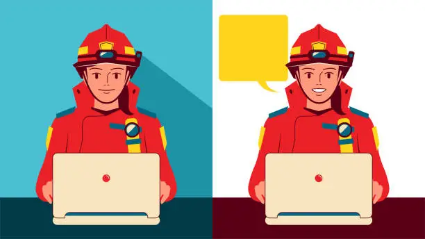 Vector illustration of Smiling beautiful young female firefighter in two facial expressions uses laptop. Technology in the fire service from Personal protective equipment to intelligent 3D real-time fire control system