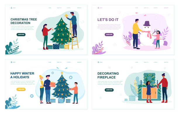 Illustration sets of people preparing for winter holidays. Illustration sets of people preparing for winter holidays. Concept of cozy family gathering for decorating christmas tree and house interior including fireplace. Website, landing page template diverse family christmas stock illustrations