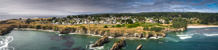 Aerial panorama of Mendocino, California.