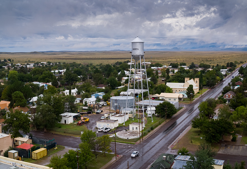 Stitched aerial shot of Marfa, a tiny town in West Texas that has become a noted cultural center known for land art installations and minimalist art.