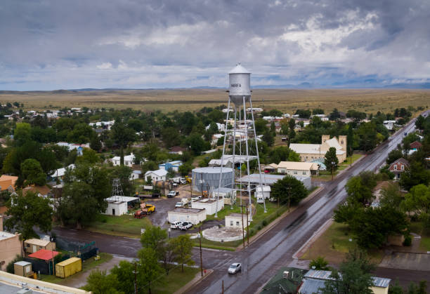 Marfa, Texas in the Rain - Aerial Stitched aerial shot of Marfa, a tiny town in West Texas that has become a noted cultural center known for land art installations and minimalist art. small town photos stock pictures, royalty-free photos & images