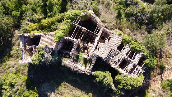 aerial shot of a ruined house