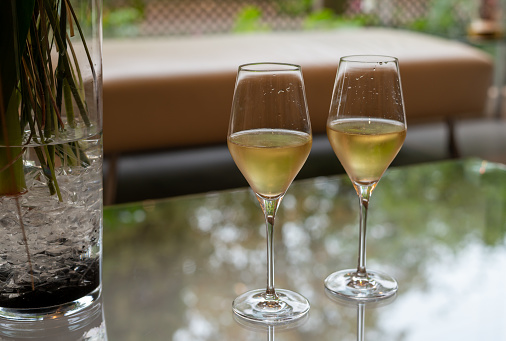 Tasting of cold french sparkling white wine with bubbles champagne on outdoor terrace in France