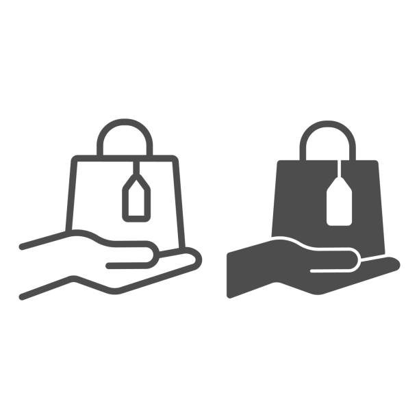 tas dengan tag dan garis tangan dan ikon padat, konsep black friday, telapak tangan memegang tanda tas belanja di latar belakang putih, paket pembelian di tangan ikon dalam gaya garis besar untuk seluler dan web. grafik vektor. - fast-fashion ilustrasi stok